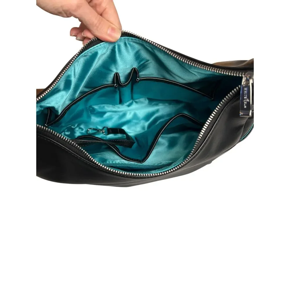 White Elm Camille Hobo Bag Black Shimmer Aqua Lining Silver Hardware NWOT